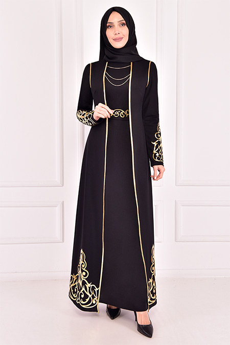Modamerve Siyah Gold Aplik Yelekli Elbise