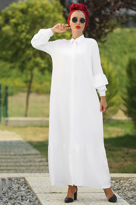Myzen Beyaz Kolu Fırfırlı Büzgülü Elbise