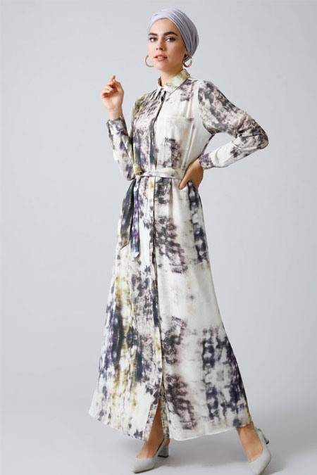 Refka Ekru Boydan Gizli Düğmeli Batik Desenli Elbise