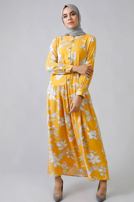 Refka Sarı Doğal Kumaşlı Çiçekli Elbise
