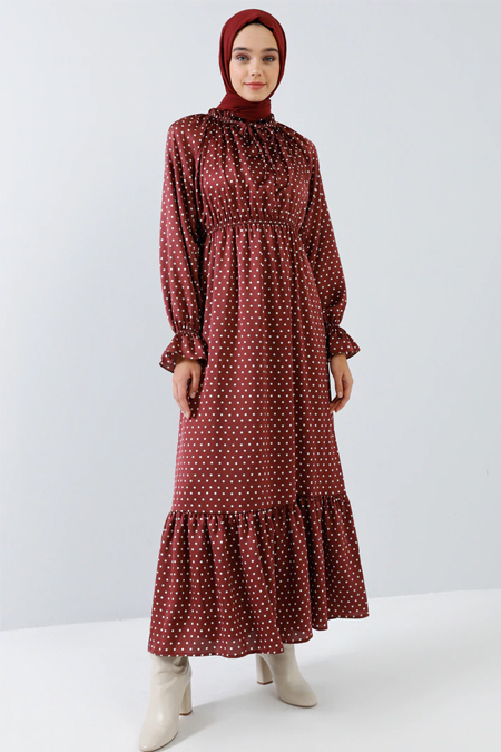 Benin Vişne Doğal Kumaşlı Küçük Puantiyeli Elbise