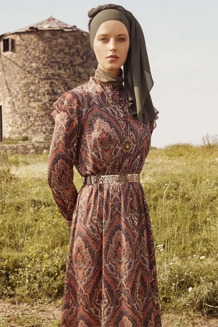 Refka Taba Fırfır Detaylı Etnik Desenli Elbise