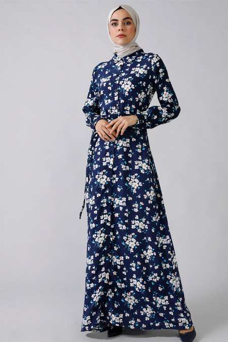 Refka Lacivert Boydan Düğmeli Çiçekli Elbise