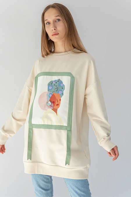 SOUL Bej Portre Detaylı Sweatshirt