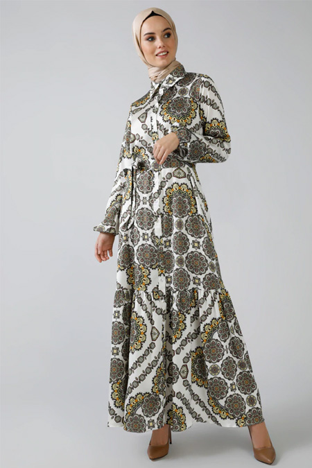 Refka Ekru Boydan Düğmeli Desenli Elbise