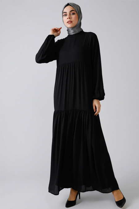 Refka Siyah Kol Ucu Lastikli Elbise