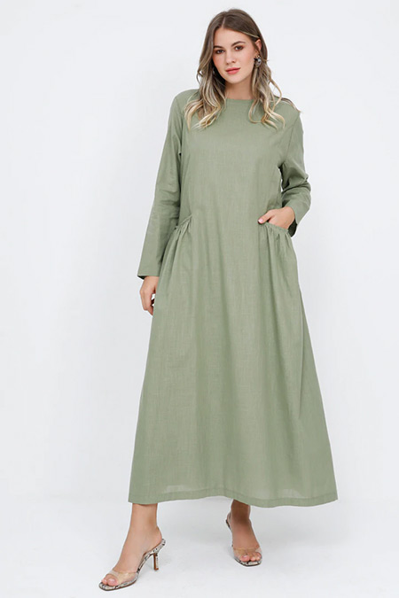 Alia Soft Haki Cep Detaylı Pamuklu Elbise