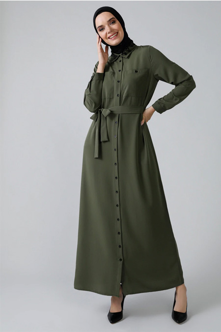 Refka Haki Yakası Boncuk İşlemeli Boydan Düğmeli Elbise