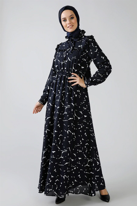 Refka Lacivert İnci Detaylı Volanlı Elbise