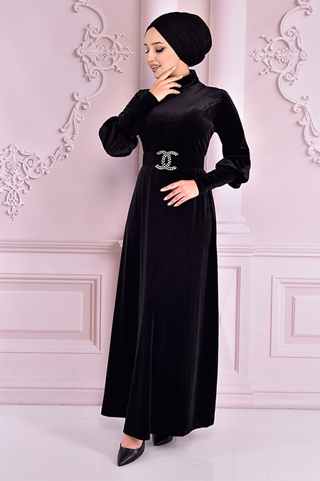 Modamerve Siyah Kadife Elbise