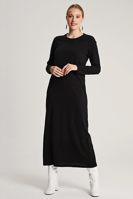 Muni Muni Siyah Doğal Kumaşlı Basic Elbise