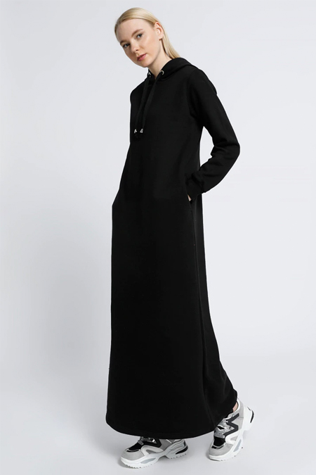 Everyday Basic Siyah Cep Detaylı Kapüşonlu Elbise