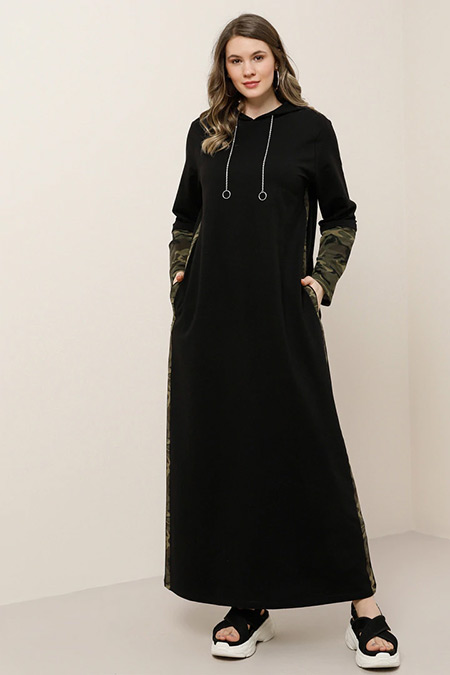 Alia Siyah Doğal Kumaşlı Kapüşonlu Desenli Elbise