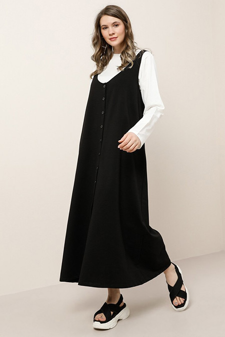 Alia Siyah Ekru Doğal Kumaşlı Bluz Elbise İkili Takım