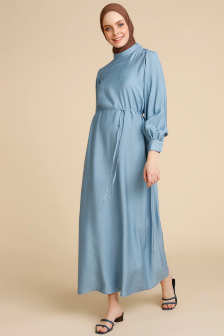 Mnatural Mavi Beli Bağcıklı Elbise