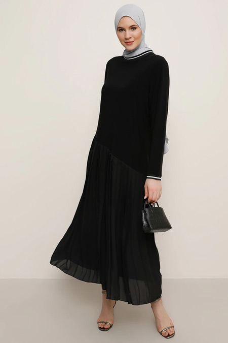 Alia Siyah Gri Sim Detaylı Piliseli Elbise