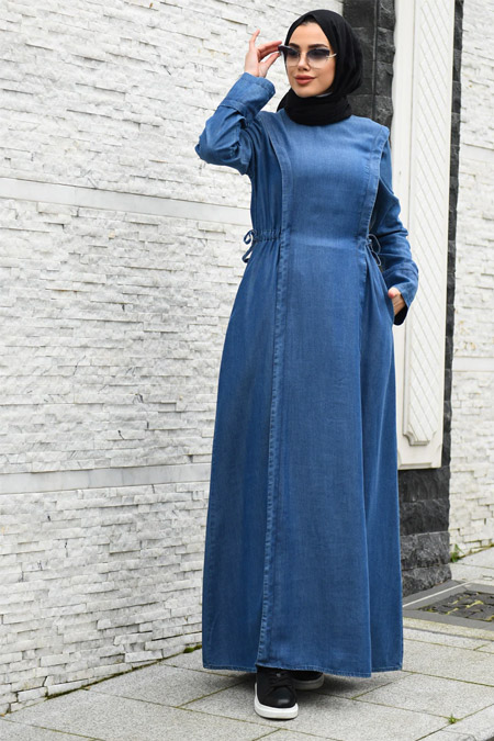Neways Koyu Mavi Yanları Büzgülü Kot Elbise