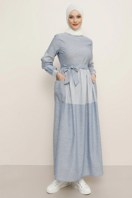 Refka Mavi Doğal Kumaşlı Çizgili Elbise