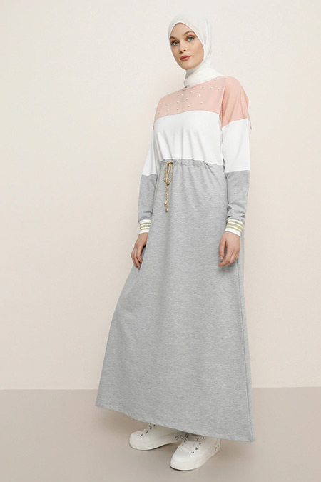 Refka Somon Beli Bağcıklı İnci Detaylı Elbise