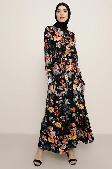 Tavin Siyah Doğal Kumaşlı Çiçek Desenli Elbise