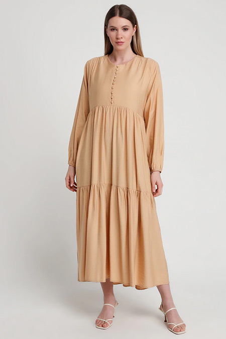 Alia Camel Brit Düğme Detaylı Elbise