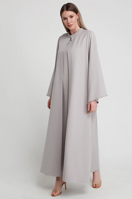 Alia Gri Yakası İnci Detaylı Ferace&Kolsuz Elbise İkili Abiye Takım