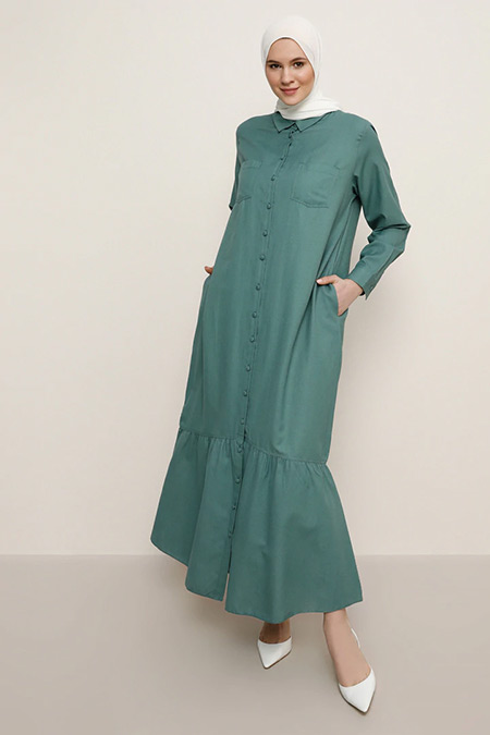 Alia Çam Yeşili Boydan Düğmeli Elbise