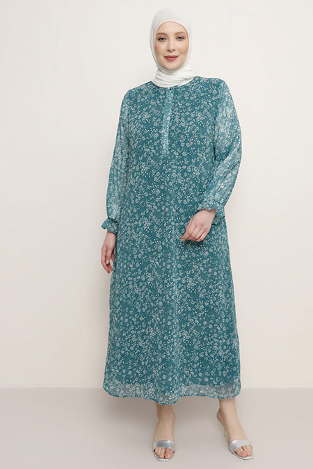 Alia Çam Yeşili Desenli Şifon Elbise