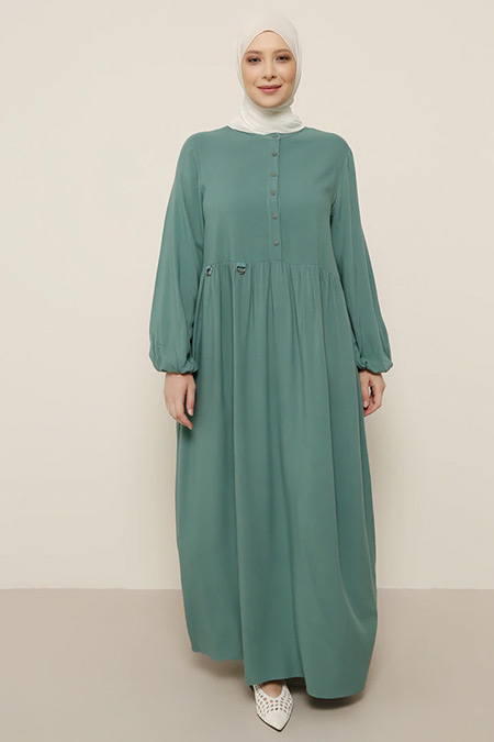Alia Çam Yeşili Kolları Lastik Detaylı Elbise