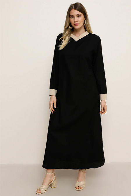 Alia Siyah Doğal Kumaşlı Garnili Elbise