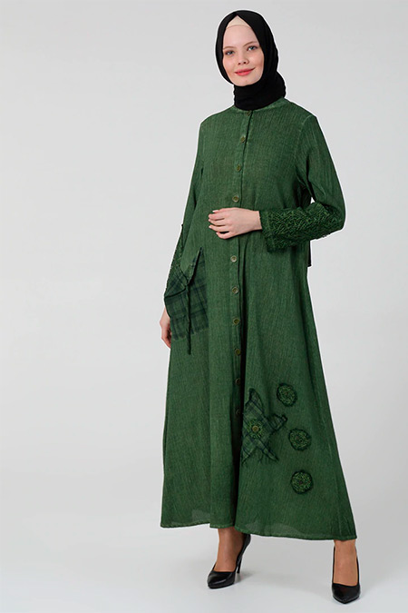 Elis Şile Bezi Yeşil Boydan Düğmeli Şile Bezi Elbise