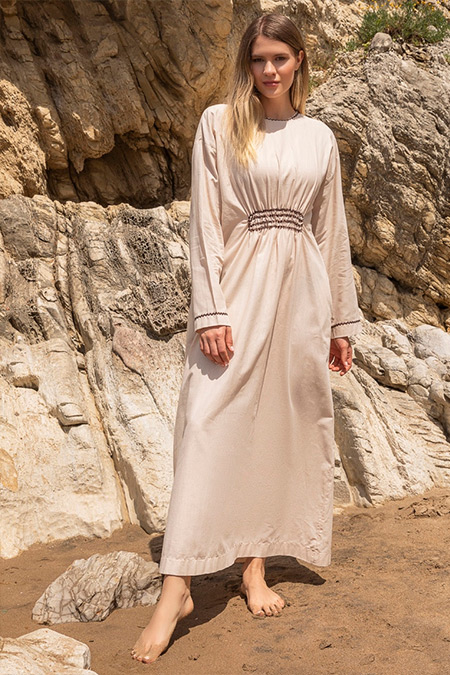 Alia Kum Beji Doğal Kumaşlı Beli Büzgülü Elbise