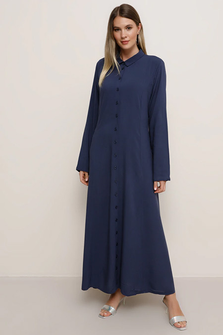 Alia Lacivert Doğal Kumaşlı Boydan Düğmeli Elbise