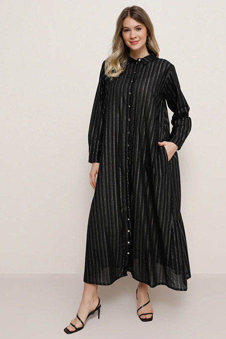 Alia Siyah Lame Doğal Kumaşlı Sim Detaylı Şifon Elbise