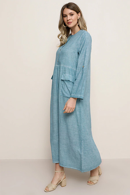 Alia Soft Mavi Doğal Kumaşlı Cep Detaylı Elbise