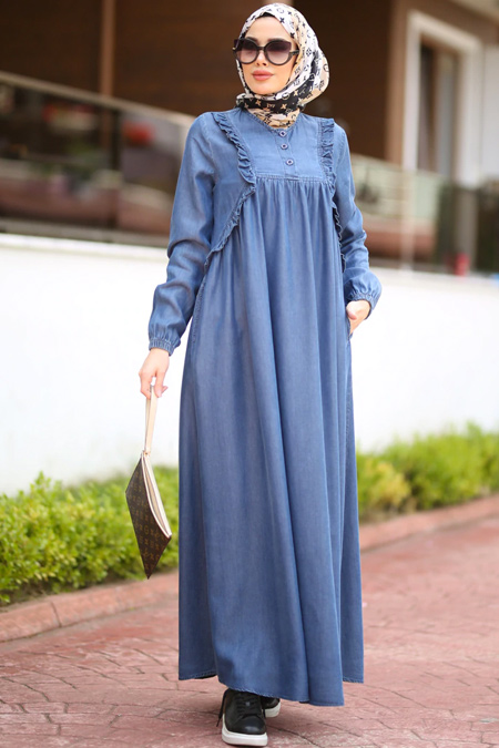 Neways Koyu Mavi Fırfırlı Tensel Elbise