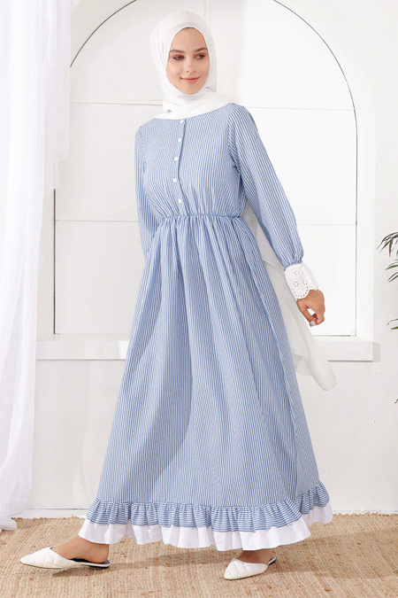 İnşirah Mavi Çizgili Desenli Elbise