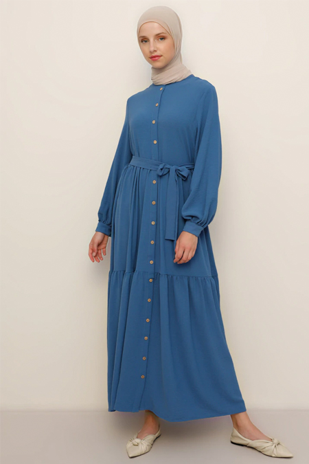 Refka İndigo Boydan Düğmeli Beli Kuşaklı Elbise
