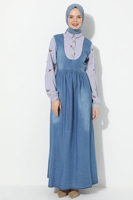 Suem Açık Mavi Kolu Yakası Garnili Kot Elbise
