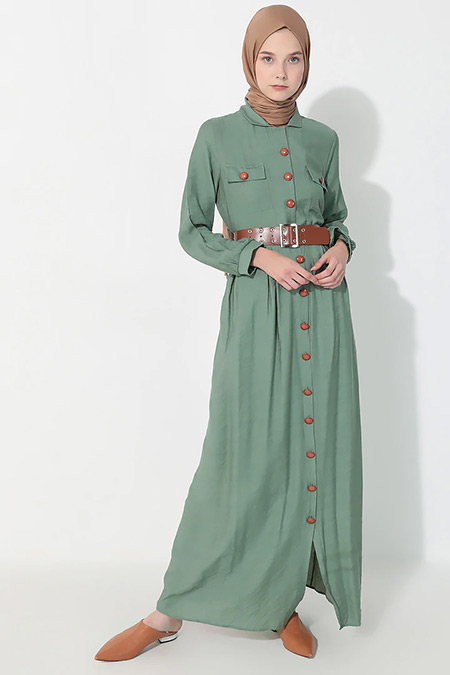 Suem Yeşil Boydan Düğmeli Elbise