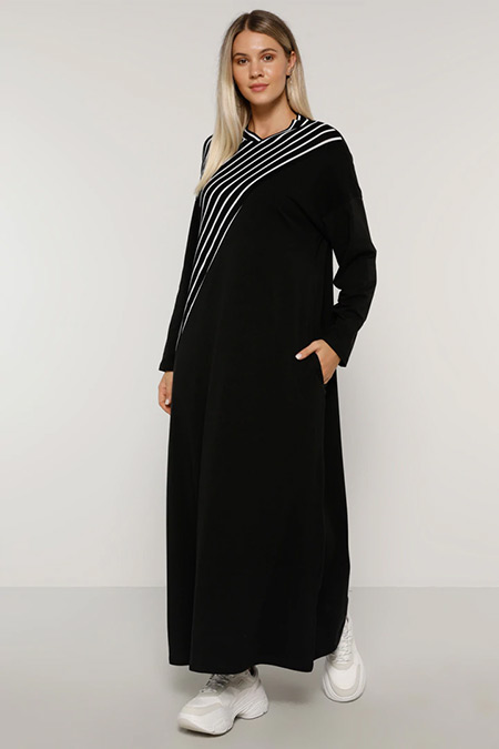 Alia Siyah Doğal Kumaşlı Çizgili Elbise