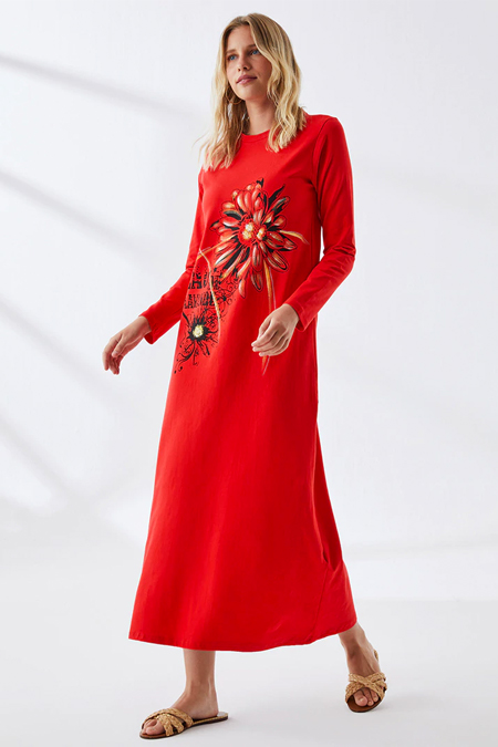 Muni Muni Kırmızı Doğal Kumaşlı Baskılı Elbise