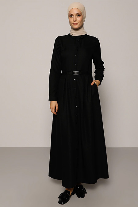 Refka Siyah A Pile Detaylı Kemerli Elbise