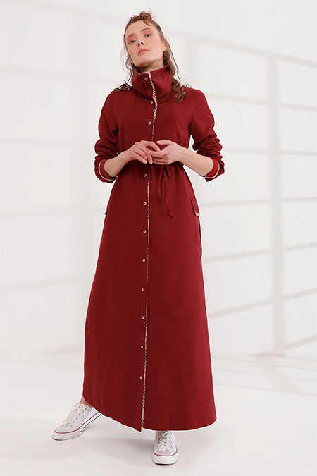 Rabia Şamlı Bordo Önü Düğmeli Dik Yaka Elbise