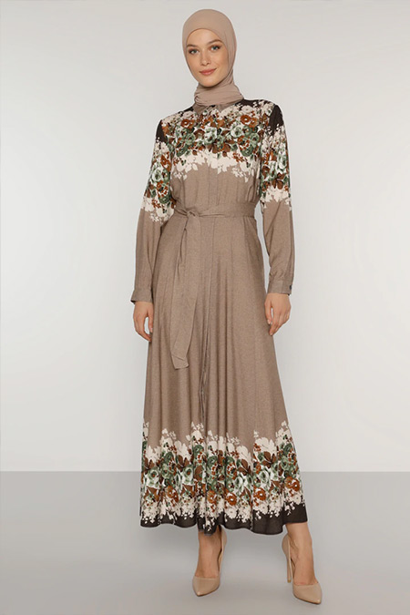 Refka Koyu Vizon Doğal Kumaşlı Desenli Elbise