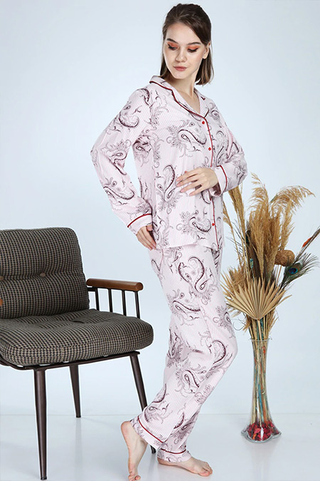 Ladymina Pijama Ekru Modern Baskılı Pijama Takımı