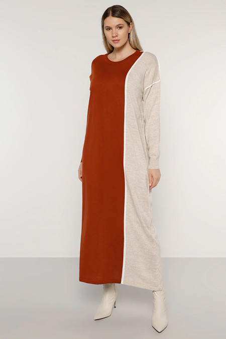 Alia Kiremit Taş Biye Detaylı Triko Elbise