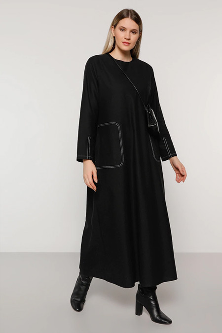 Alia Siyah Cep Detaylı Pamuklu Elbise