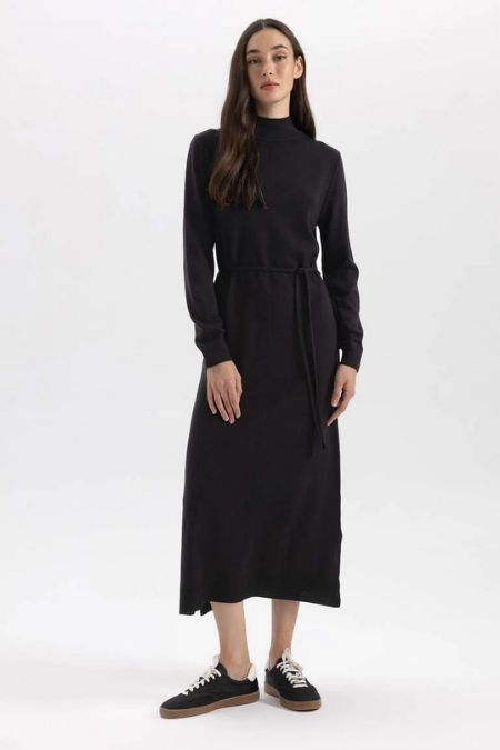DeFacto Siyah Yarım Balıkçı Yaka Uzun Kollu Maxi Triko Elbise