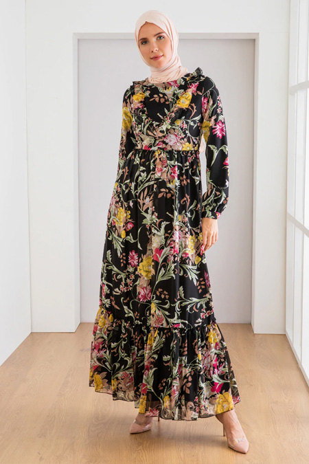 Loreen Siyah Çiçek Desenli Elbise